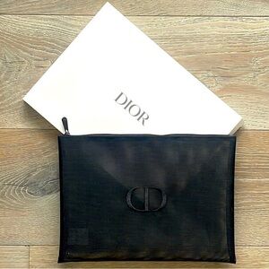 NIB Christian Dior CD Logo Black Mesh 8x11" Zip Pouch Cosmetic Makeup Travel Bag